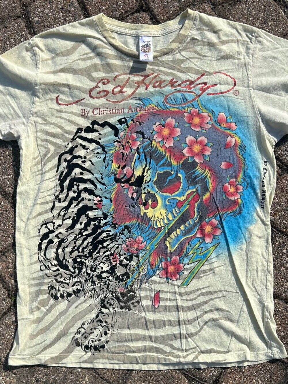 Vintage Ed Hardy  by Christian Audigier "Tiger Skull & Cherry Blossoms" AOP T